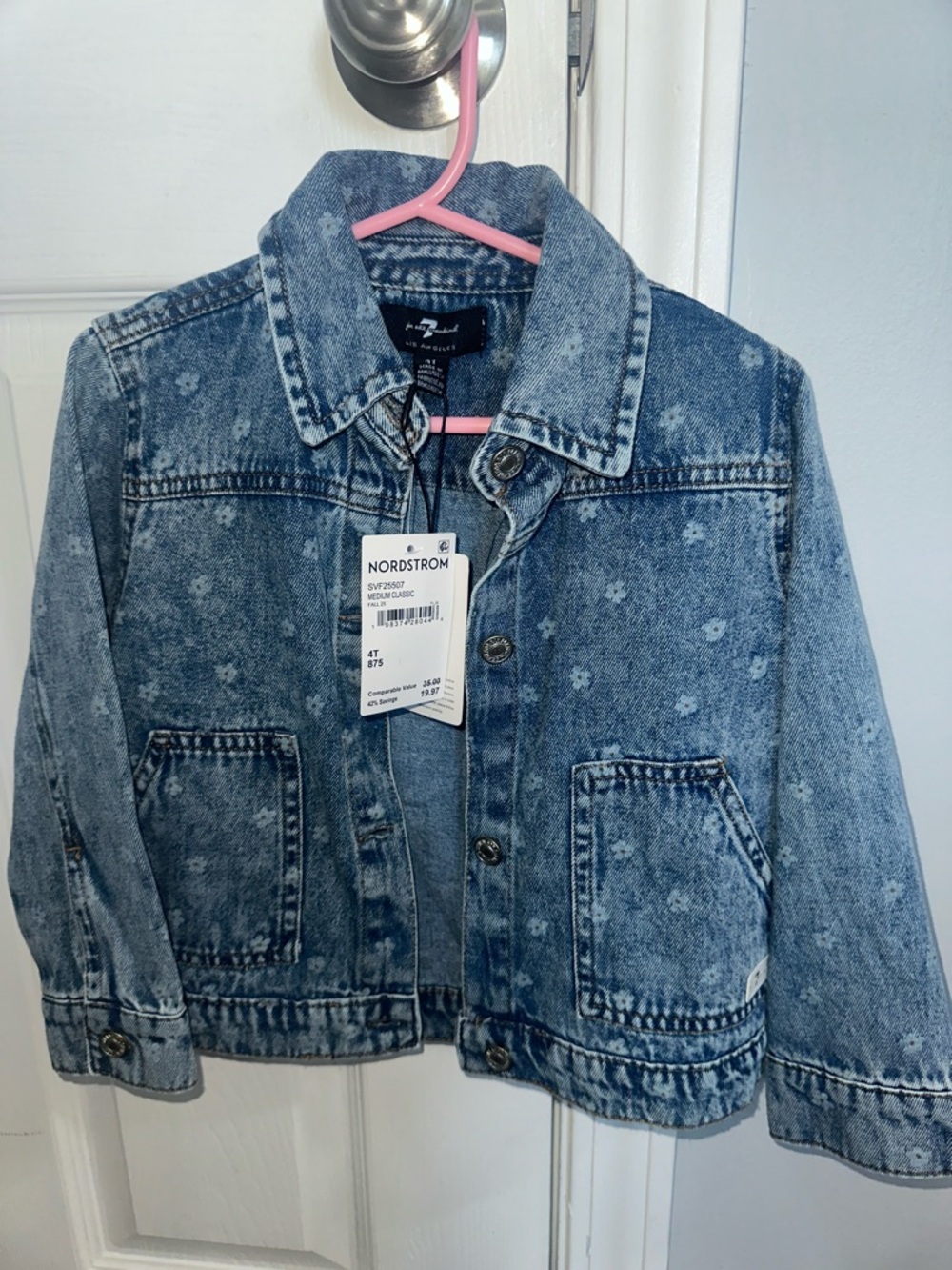 Nordstrom Girls' Blue Denim Jacket with Floral Print- 7 for all Mankind